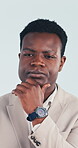Thinking, business and black man with solution, reflection and decision making for job issue. Mindset, insight and employee with confusion, strategy planning and problem solving on studio background.