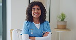 Face, woman and happy nurse with arms crossed for healthcare, career pride or wellness. Medical, caregiver and portrait of support worker with confidence, homecare professional and smile