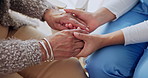 Comfort, caregiver and holding hands with old person for home care, encourage or empathy. Nurse, trust and patient in retirement with kindness, support or hope for healing with health diagnosis