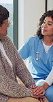 Care, nurse and talking with old woman, holding hands and medical support with assisted living at home. Trust, comfort or conversation with caregiver in retirement, health advice or recovery progress