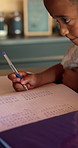 Learning, writing or child thinking with book in home for mathematics, education or assessment. Thoughtful, boy or kid with notebook, numbers or equations for problem solving, homework or assignment
