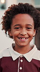 Child development, cute and face of African boy outdoor for future, growth or opportunity. Cheerful, childhood and smile of confident kid in front yard of home for positivity, security or youth