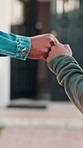 Family, fist bump and bonding with child, outdoor and connection with parent on weekend and success. Childcare, home and celebration with dad, people and affection for kid on break or achievement