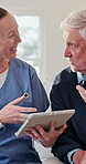 Nurse, old man and tablet for healthcare with advice, consulting or feedback in retirement home. App, conversation and medical results with caregiver speaking to senior patient for checkup or visit