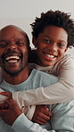 Hug, face and dad with child in home for bonding, happy relationship and connection in morning. Family, love and portrait of African boy with father, embrace and laugh for affection, support and care