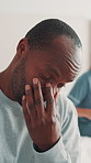 Man, upset and marriage problem in home bedroom with disagreement, ignore or frustrated partner. Tired person, woman or fight in toxic relationship, stress and dispute or conflict with disappointment