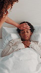 Mother, child and phone call in bedroom with sickness, medical advice and check temperature in home. Woman, boy and contact at bed with illness, care and telehealth consultation for flu symptoms