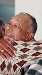 Old couple, relax and hug in home for love, affection and partner support with kindness. Senior people, rest and romance with embrace for gratitude, respect and bonding for relationship commitment
