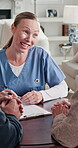Documents, healthcare and nurse talking to old couple for insurance advice or sign up. Clipboard, feedback and paperwork with caregiver speaking to senior people for medical consulting or wellness