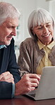 Finance, laptop and old couple in home together for online budget or retirement planning. Computer, financial review and typing with senior people in apartment for investment or wealth management