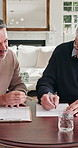 Document, signature and discussion with financial advisor in house, retirement planning and meeting. Senior person, writing and explaining insurance policy on paperwork and wealth management in home
