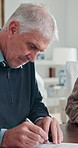 Man, document and sign contract with elderly couple for agreement, sale or property disclosure. Retirement, people and writing on form for legal compliance, real estate application and deal at home