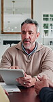 Meeting, couple or property agent in home with tablet, price evaluation or mortgage info on online site. Brief, mature man or realtor with tech, digital house valuation or loan option in consultation