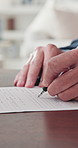 Hands, old person or sign contract for deal, sale document or property application in home. Writing, terms and conditions on form for legal compliance, real estate purchase or agreement in retirement