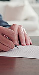 Hands, old person and sign contract for agreement, sale document or property disclosure in home. Writing, terms and conditions on form for legal compliance, real estate purchase or deal in retirement