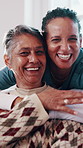 Face, caregiver and hug in nursing home with old woman, wellness and gratitude for medical support. Happy, nurse and embrace in retirement center with senior person, trust or thank you for healthcare