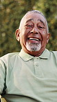 Face, old man and relax in backyard with smile, peace and comfortable for weekend break. Portrait, senior person and laughing at house with positive attitude, retirement and calm morning to unwind