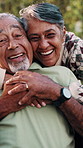 Face, old couple and relax outdoor with smile, love and partner affection for weekend break. Portrait, senior person and laugh in home with embrace, gratitude and bonding for relationship commitment