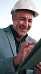 Happy, mature man and construction worker with tablet for city planning, maintenance or repairs. Digital technology, ideas and civil engineer with research for property development in urban town.