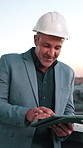 Thinking, mature man and construction worker with tablet for city planning, maintenance or repairs. Digital technology, ideas and civil engineer with research for property development in urban town.