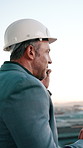 Engineer, man and phone call in city for construction planning, project development or evaluation. Mobile, architect and mature person talk to contact outdoor for building compliance or communication