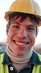 Happy, man and face of construction worker in city with confidence for building, maintenance or repairs. Smile, about us and portrait of civil engineer with pride for renovation plan in urban town.