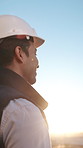Thinking, contractor and man outdoor for construction, property development or urban planning. Architecture, civil engineering and person with idea, inspiration and sunshine for building expansion