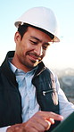 Tablet, man and construction worker in city with research for building, maintenance or repairs. Digital technology, happy and civil engineer with email feedback on property development in town.