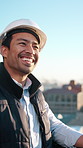 Civil engineer, laugh and man with helmet in city, discussion and planning for property development. Outdoor, real estate and happy person with ideas, architect and project management in urban town