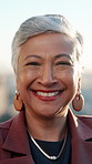 Face, business and woman outdoor with smile, career pride and about us for real estate. Portrait, mature person or realtor laughing in city with ambition, urban housing and infrastructure development