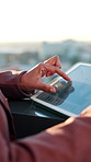 Balcony, hands and business woman on tablet for financial report, profit growth and budget statistics. Outdoor, scroll and person on tech, screen and chart for research, finance review or investment