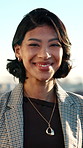 Face, business and woman in city with smile, career pride and about us for real estate. Portrait, female person and realtor outdoor with auction ambition, urban housing and infrastructure development