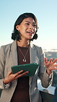 Business, woman and meeting on balcony with tablet, research and planning for real estate. People, talking and team on terrace with digital, price property and online inquiry for urban infrastructure