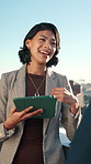 Business, woman and talking on balcony with tablet, research and planning for real estate. People, meeting and team on terrace with digital, price property and online inquiry for urban infrastructure