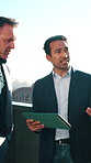 Business, people and meeting on balcony with tablet, research and planning for real estate. Men, discussion or team on terrace with digital, price property and online inquiry for urban infrastructure