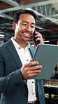 Phone call, tablet and businessman in office with communication on investment planning with client. Cellphone, digital technology and financial manager on mobile discussion for feedback on project.
