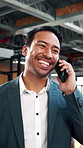 Phone call, happy and businessman in office with communication on investment planning. Cellphone, professional and financial manager on mobile discussion for feedback on project in workplace.