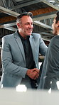 Business, men and handshake in office with welcome, b2b partnership and talk to financial investor. Happy, people and shaking hands in workplace with funding manager, greeting or deal for investment.