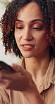 Woman, talk and speaker phone in apartment for online communication, gossip story and social media. African person, recording and feedback in house with tech, contact and voice note for conversation.