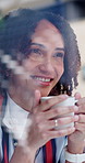 Happy, woman and drinking coffee by home window with thoughts, remember good memories and weekend. African person, smile and reflection in house with tea, peaceful morning and vision for wellness.