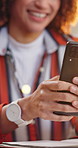 Woman, hands and laugh in office with phone, work break and notification for funny social media post. Happy, person and typing in business with tech, digital communication and joke from text message.