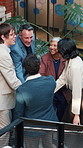 Excited, people and huddle in office with applause, sustainable goals or go green project success. Above, happy team clap and hands together in agency with celebration, eco friendly business or deal.