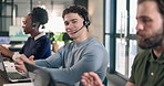 Face, consultant and happy man with headset in agency for customer service or online advice. Portrait, male person or agent with smile for virtual assistance, CRM help or communication in call center