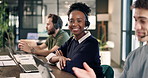 Face, consultant and happy woman with headset in agency for customer service or online advice. Portrait, female person or agent with smile for virtual assistance, CRM or communication in call center