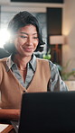 Laptop, reading and woman with smile in office for budget approval, audit review or bookkeeping. Tech, happy accountant and person with financial email for business, tax compliance and online report