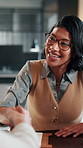 HR, woman and happy with handshake in interview for hiring process, creative vacancy or welcome. Manager, candidate or shaking hands in office for recruitment offer, job opportunity or company growth