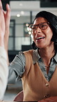 Happy, woman or high five in meeting in office for brand partnership, employee praise or pride. Smile, marketing manager or colleague celebration for campaign recognition, industry award or well done