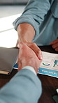 Interview, people and business handshake in office for company promotion, finance vacancy or welcome. Graphs, HR manager and candidate shaking hands for performance review, contract renewal or hiring