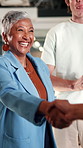 Meeting, applause or woman in agency with handshake, campaign approval or success in negotiation. Happy, clap or brand manager with shaking hands, deal close or celebration in marketing agreement.