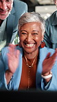 Team, applause and excited with laptop in office, laughing and celebration for financial achievement. Asset manager, clapping and mature woman with technology, happiness and high five with colleague